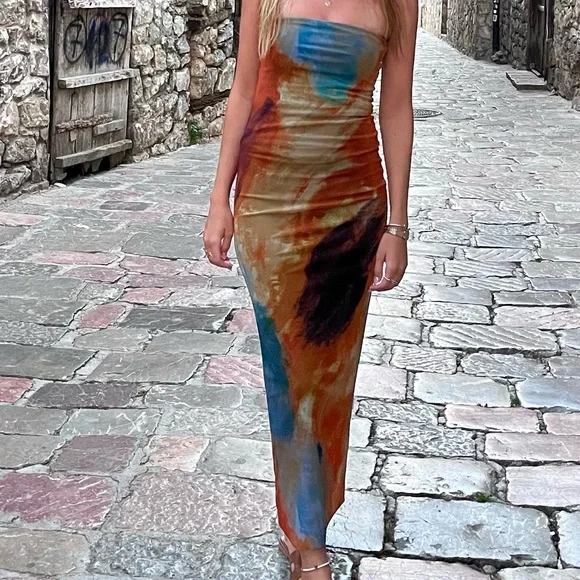 Zara | Dresses | Zara Blue And Brown Strapless Dress | Poshmark
